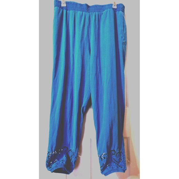 Soft Surroundings Women's XL Blue Elastic Waist Pants 28" Inseam Pockets Cutwork - Picture 1 of 7